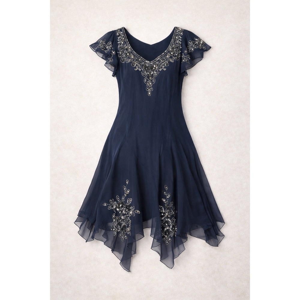 J Kara Navy Blue‎ Beaded Handkerchief Hem Flutter Sleeve Cocktail Dress Size 8
